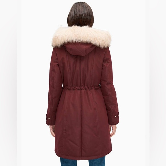 Kate Spade Maroon Down Winter Puffer Coat Jacket Fur Hood XL - Picture 2 of 5